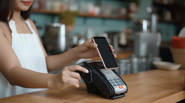 Concept contactless payment Making payment with smartphone and pos terminal printed Generative AI