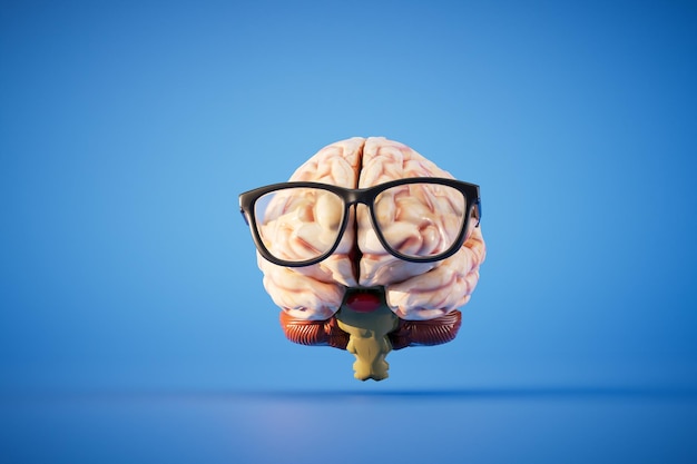 Концепция непрерывного обучения Мозг в очках на синем фоне 3D рендеринг
