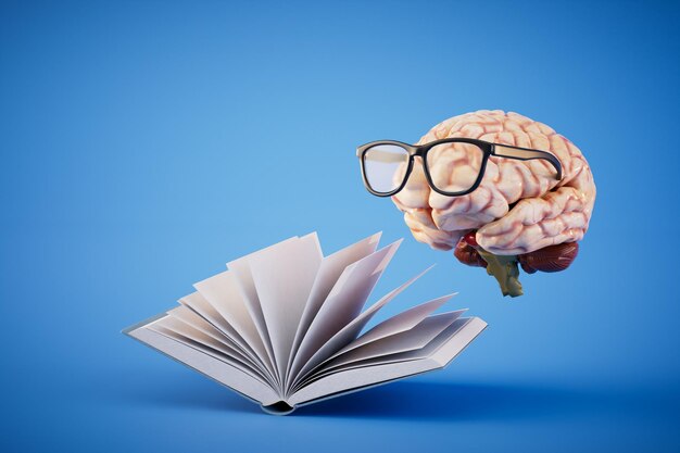 The concept of continuous learning An open book and a brain with glasses on a blue background