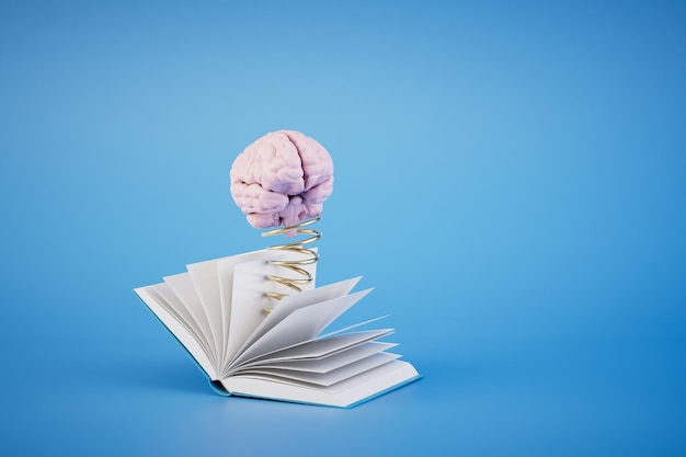 Photo the concept of continuous learning an open book from which the brain flies out on a spring 3d render