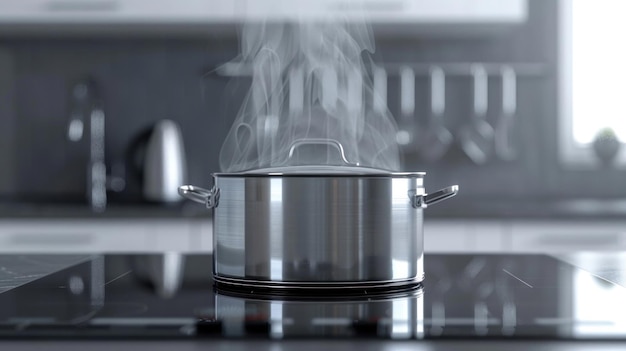 Concept of cooking in a modern kitchen pan on an induction stove Copy space