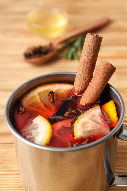 Concept of cooking mulled wine, close up