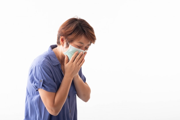 Concept of coronavirus 2019 Asian women have nasal discharge, coughing, sneezing, and fever.There is a mask covering the mouth and nose to prevent the epidemic. 