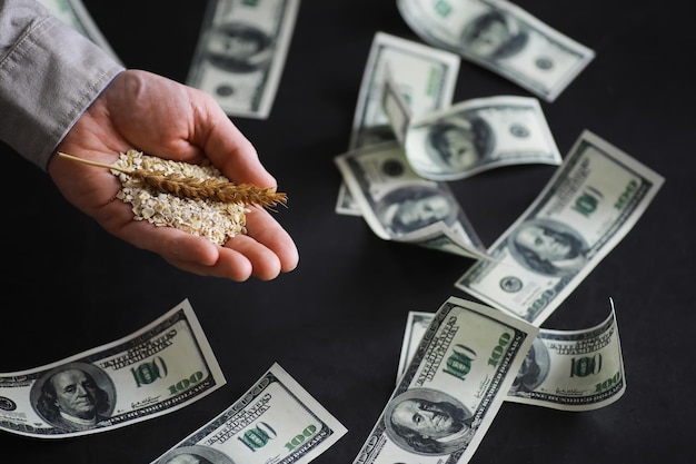 Foto il concetto del costo del grano banconote da 100 dollari intorno a una manciata di grano macinato la fame nel mondo