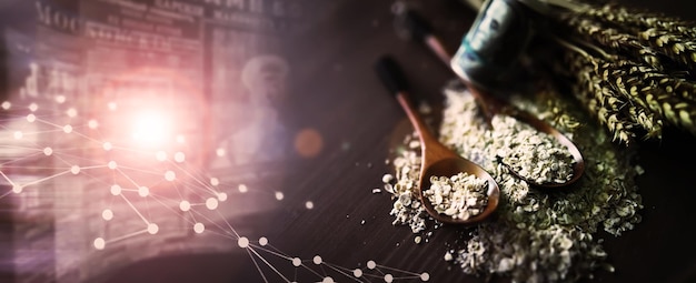 The concept of the cost of grain 5000 ruble banknotes around a handful of ground grain World hunger
