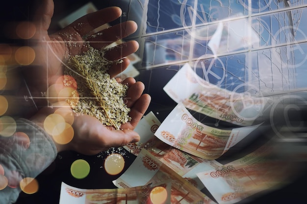 The concept of the cost of grain 5000 ruble banknotes around a handful of ground grain World hunger