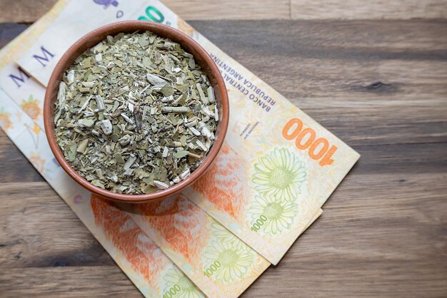 Photo concept of the cost of yerba mate argentine pesos with yerba mate in a bowl