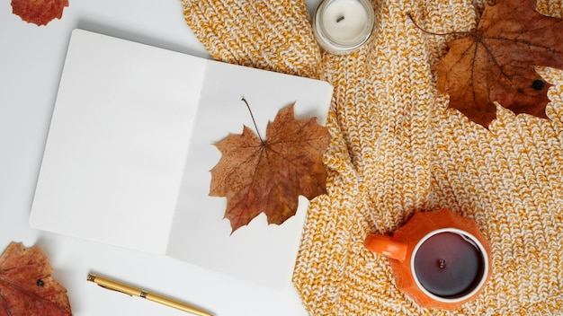 Photo concept of creating comfort in fall attributes of autumn time of spending hot tea