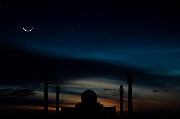 Concept the crescent moon the symbol of Islam begins the eid al Fitr Seeing the moon in the night sky The evening sky and the vast river in darkness are beautiful