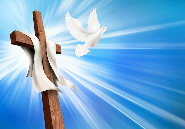 Concept crucifixion and resurrection Christian cross illustration with dove Life after death