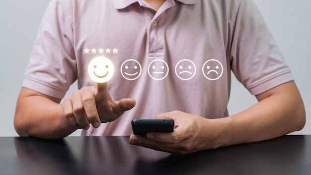 Photo concept of customer satisfaction surveys user experiences with service are rated on the online application for the review satisfaction feedback survey