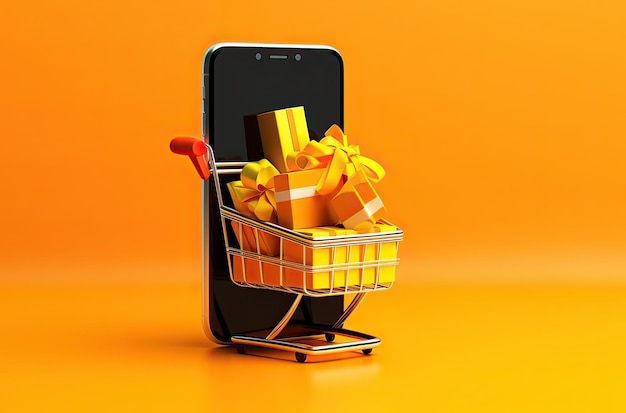 Concept cyber monday a mobile carrying a cart full of gifts on a yellow background