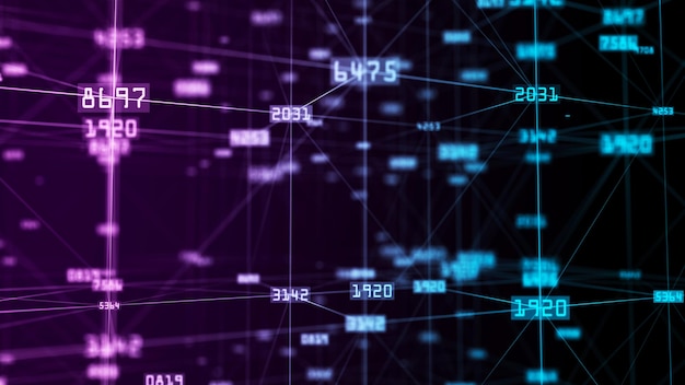 ブロックチェーン ネットワークにおけるデータ接続の概念 デジタル サイバー空間のデータ フローの背景 ネットワーク接続構造 ビッグデータの視覚化 3D レンダリング