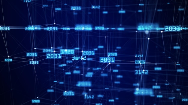 Il concetto di connessione dati nella rete blockchain sfondo del flusso di dati del cyberspazio digitale struttura delle connessioni di rete visualizzazione di big data rendering 3d