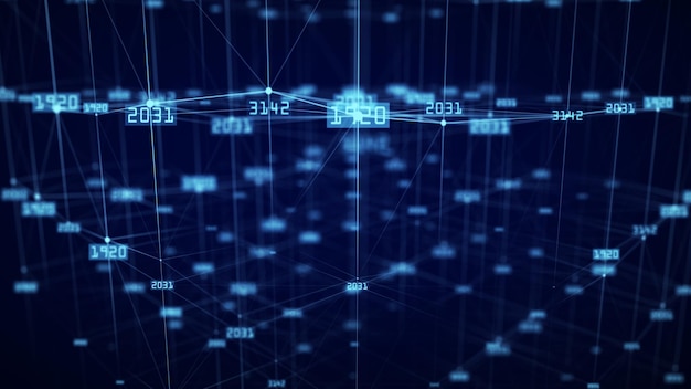 Il concetto di connessione dati nella rete blockchain sfondo del flusso di dati del cyberspazio digitale struttura delle connessioni di rete visualizzazione di big data rendering 3d