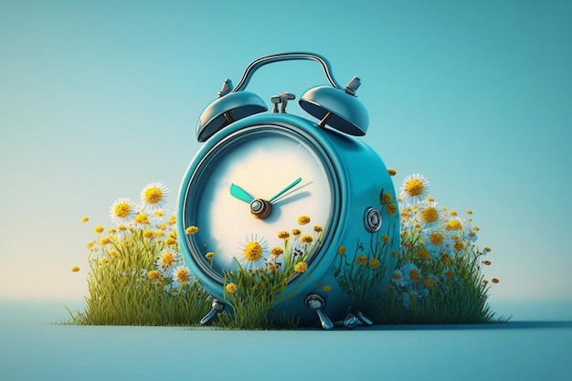 サマータイムの概念 時計を1時間進める 目覚まし時計のある花の風景 フラットイラスト AI生成