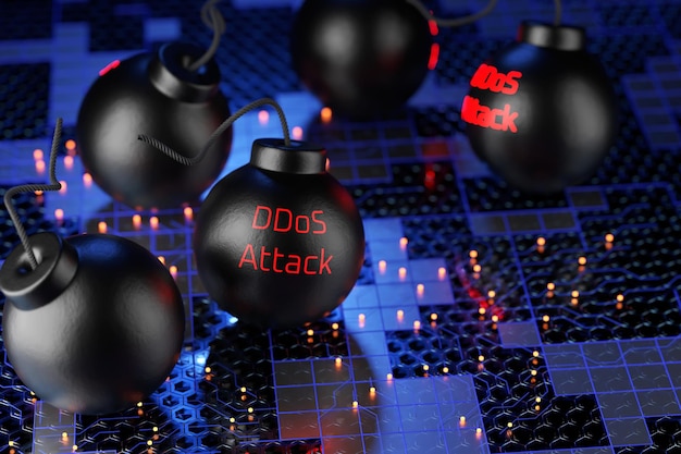 Концепция DDOS-атаки Круглые бомбы на технологическом фоне 3d рендеринга