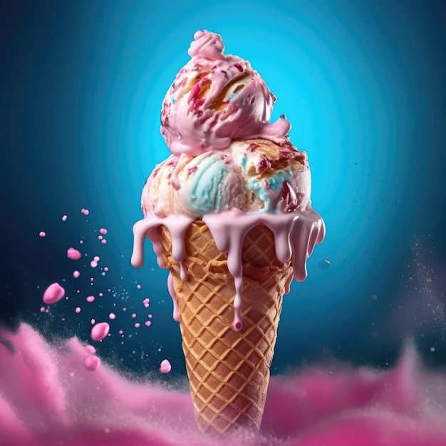 Concept of delicious bowl of ice cream cone with fruits on colorful studio background