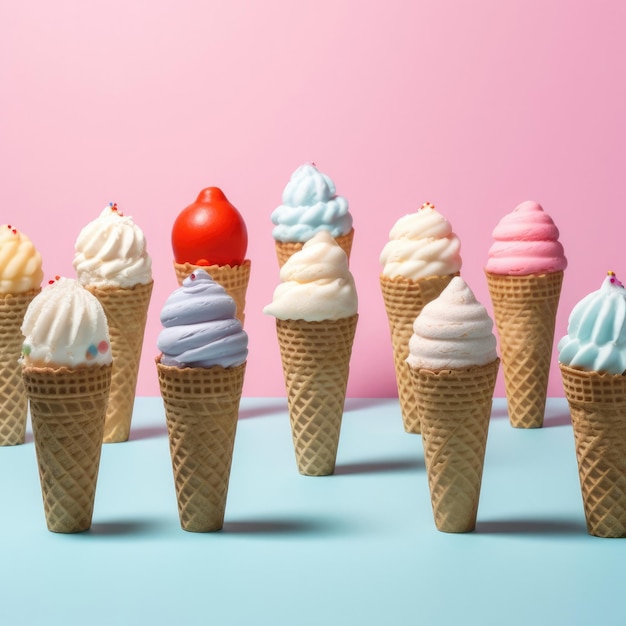 Концепция вкусной миски рожка мороженого с фруктами на фоне красочной студии