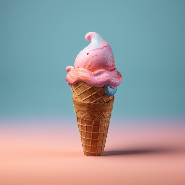 Concept of delicious bowl of ice cream cone with fruits on colorful studio background