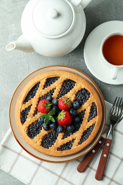 Concept of delicious dessert with blueberry pie