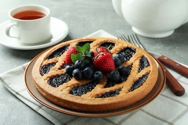 Concept of delicious dessert with blueberry pie