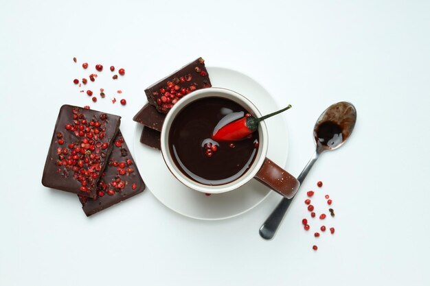 Concept of delicious food chocolate with pepper and hot chocolate with pepper