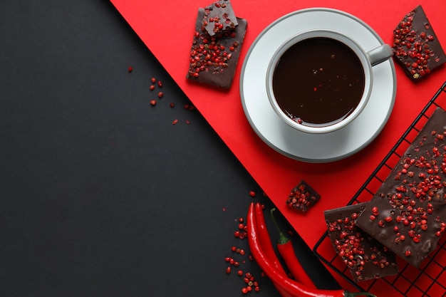 Concept of delicious food chocolate with pepper and hot chocolate with pepper