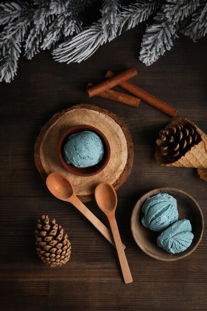 concept of delicious food ice cream top view