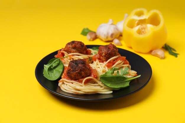 Concept of delicious food pasta with meatballs