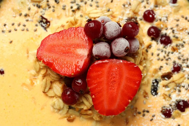 Concept of delicious food with smoothie with different ingredients close up