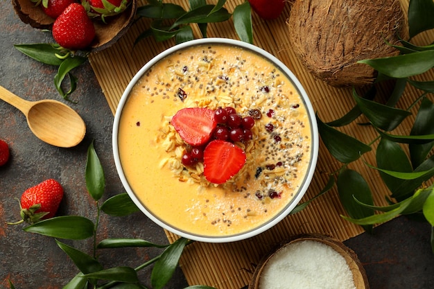 Concept of delicious food with smoothie with different ingredients top view