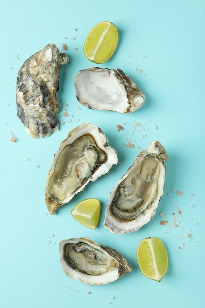 Concept of delicious seafood oysters on blue background