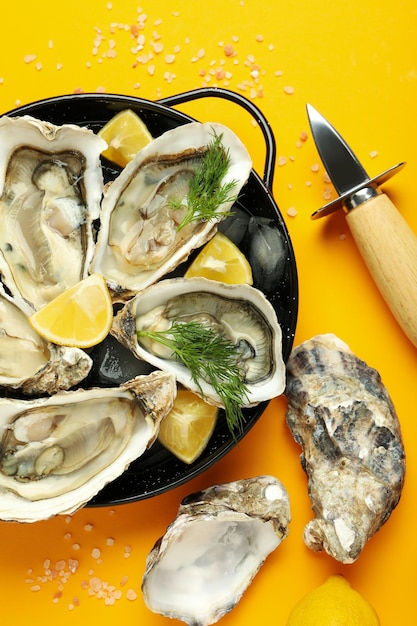 Concept of delicious seafood oysters on orange background