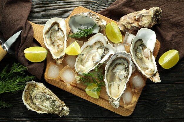 Concept of delicious seafood oysters top view