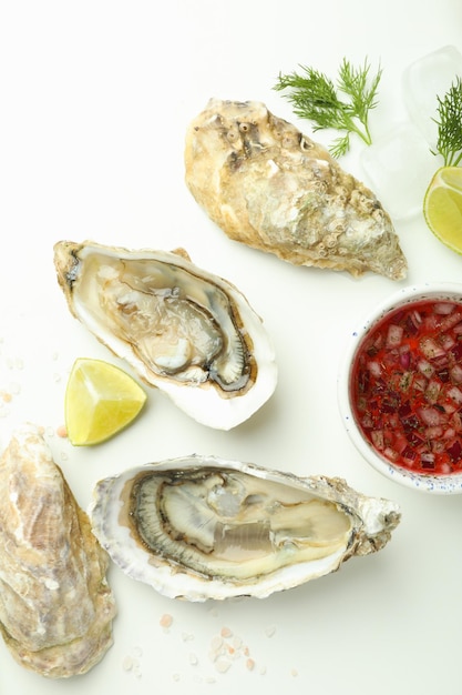 Concept of delicious seafood oysters top view