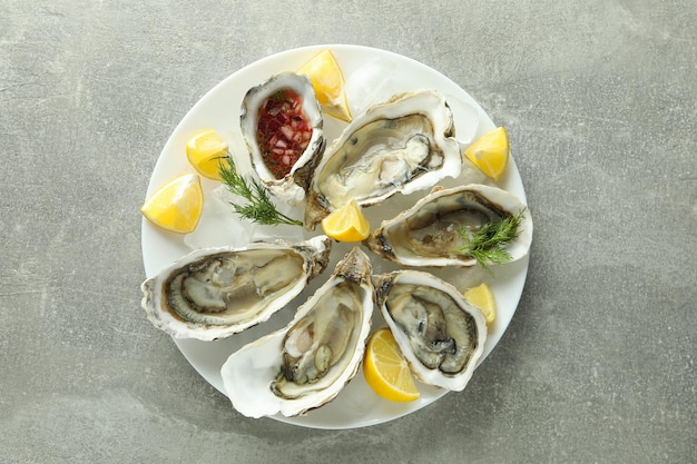 Concept of delicious seafood oysters top view