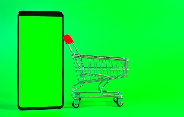 Concept of delivery, online food shopping. metal empty grocery cart cart on green background.