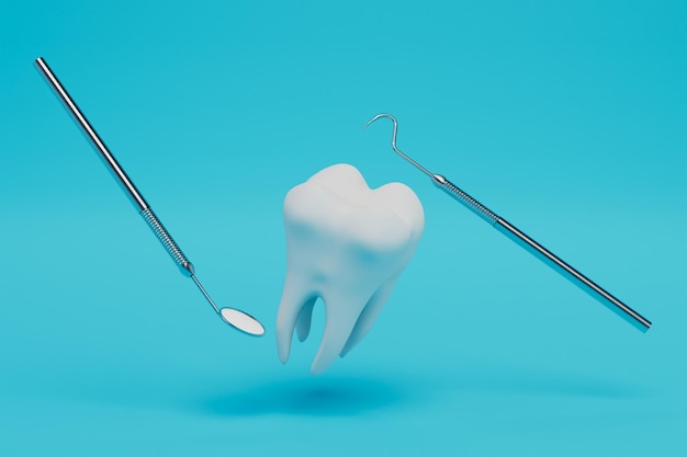 Concetto di specchio dentale e sonda per esame dentale su sfondo blu rendering 3d