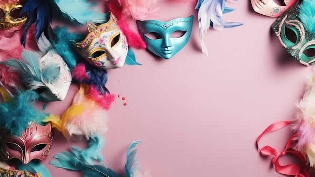 Concept design of carnival masks and carnival ornaments on pastel background