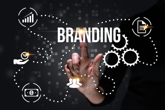 Photo the concept of development and creation of branding hand and abstract business icons