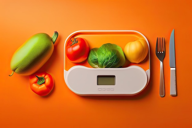 Concept Diet Flat Lay Oranje achtergrond Generatieve AI