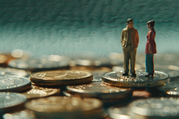 The concept of differences between employer and employee Coins and miniature people