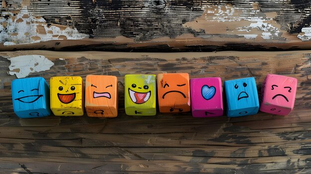 Photo concept of different emotions drawn on colorful cubes wooden background
