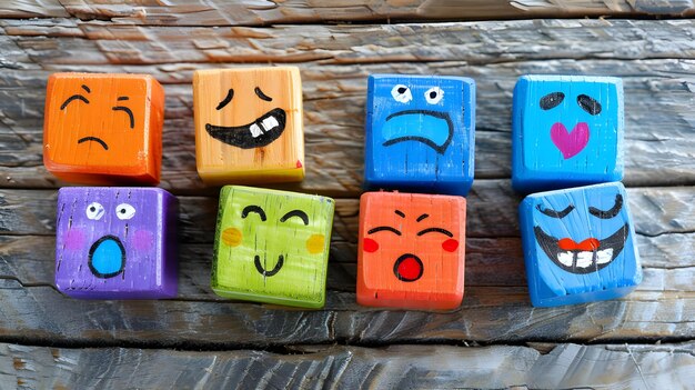 Photo concept of different emotions drawn on colorful cubes wooden background