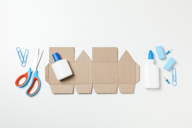 Photo concept of different office stationery with glue