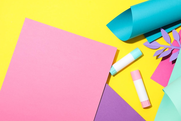 Concept of different office stationery with glue