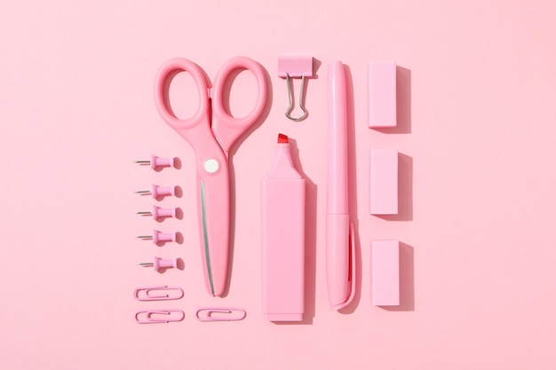 Concept of different stationery accessories top view