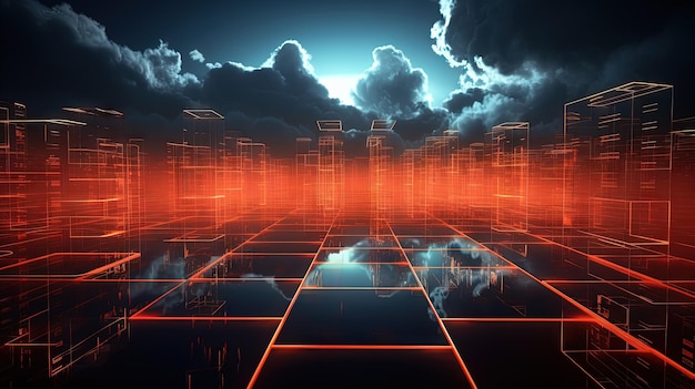 Концепция цифрового города с облачными подключениями Футуристическая сеть в облаках Сгенерированный искусственный интеллект
