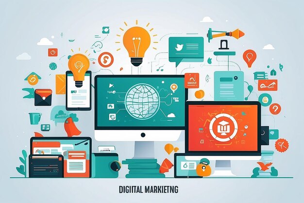 Concept for Digital marketing agency digital media campaign flat vector illustration with icons